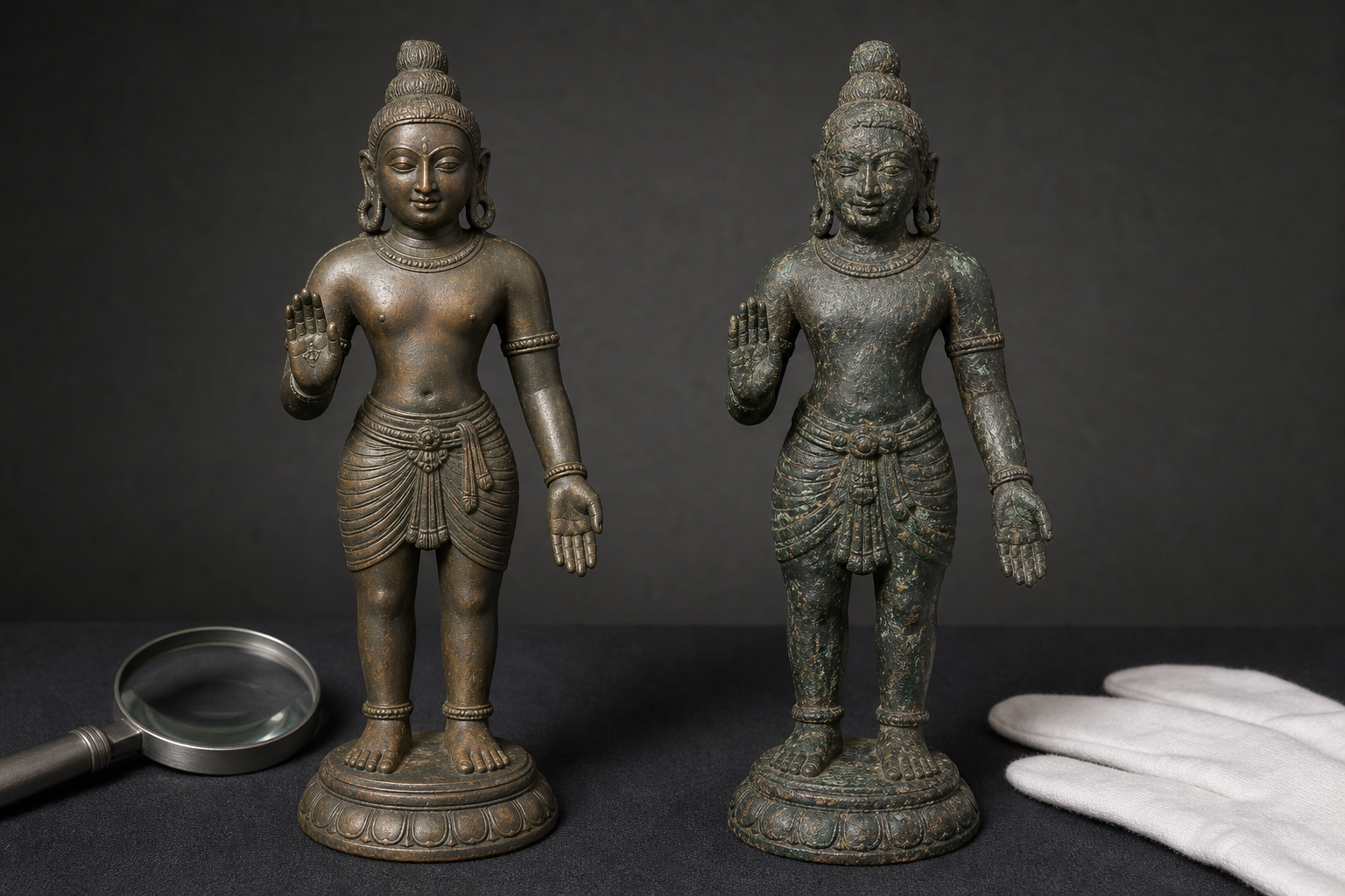 Two bronze figures with similar short wrapped garments but different pleating, girdles, surface textures, wear, and patina.