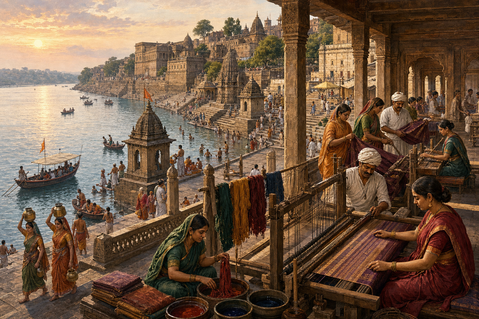 Maheshwar's temple-lined Narmada ghats overlook handloom workshops where artisans weave and prepare cloth.