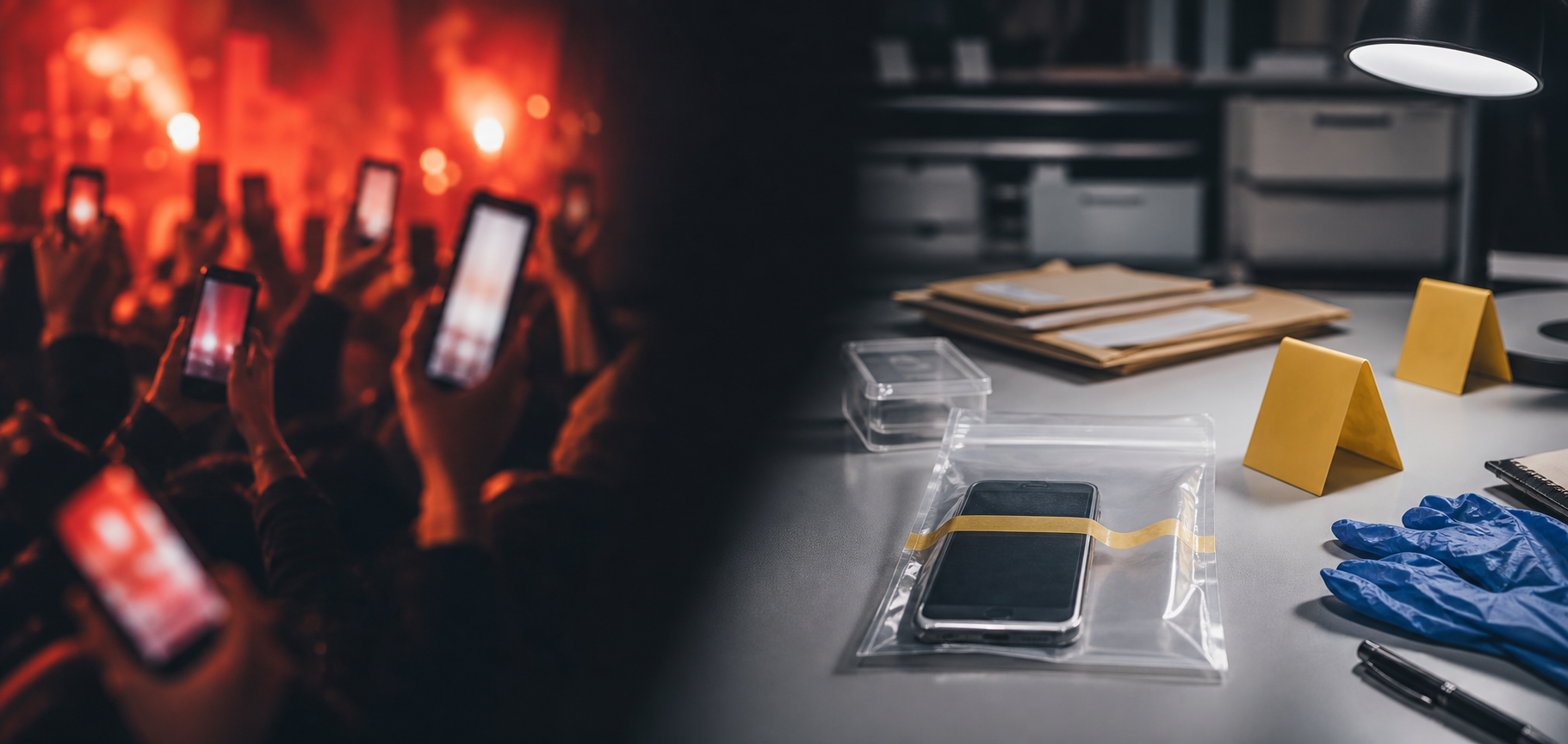 A noisy crowd holding phones is contrasted with a quiet forensic table containing sealed digital evidence and document folders.