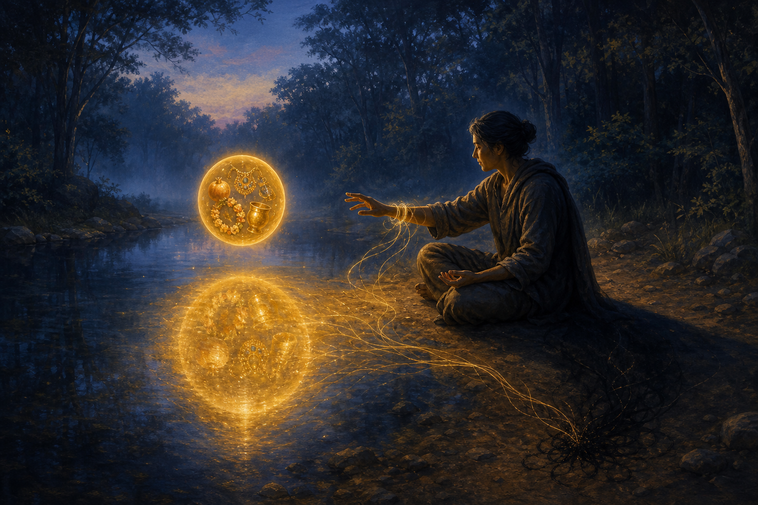 A seated figure reaches toward a golden orb above a forest pool as luminous threads from its enlarged reflection wrap around the figure's wrist and shadow.