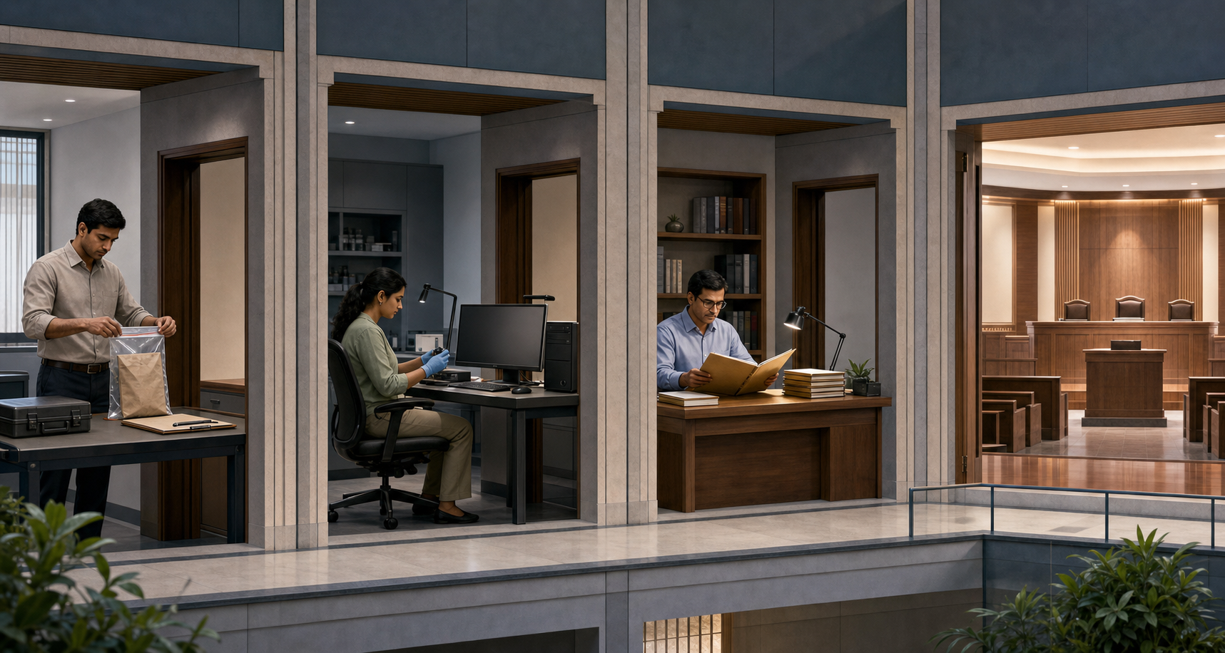 An investigator, forensic specialist, reviewing officer, and courtroom are shown as connected stages in a legal process.