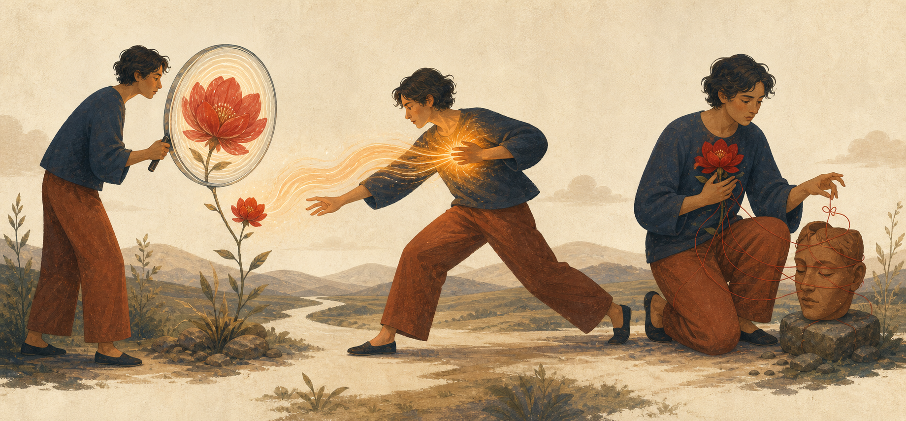 The same figure appears in three moments, first viewing a flower through a distorting lens, then moving toward it, and finally holding it as threads connect it to a clay face mask.