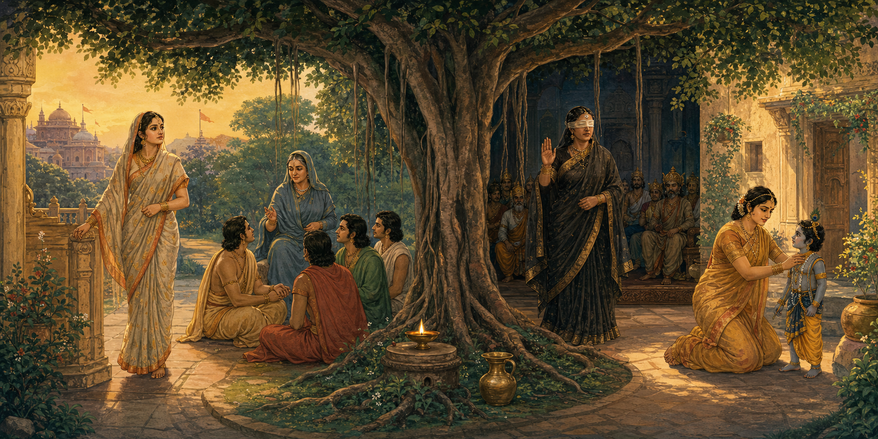 An illustrated landscape places Sita, Kunti, Gandhari, and Yashoda beneath a banyan tree as they choose a path, offer counsel, give a warning, and guide a child.