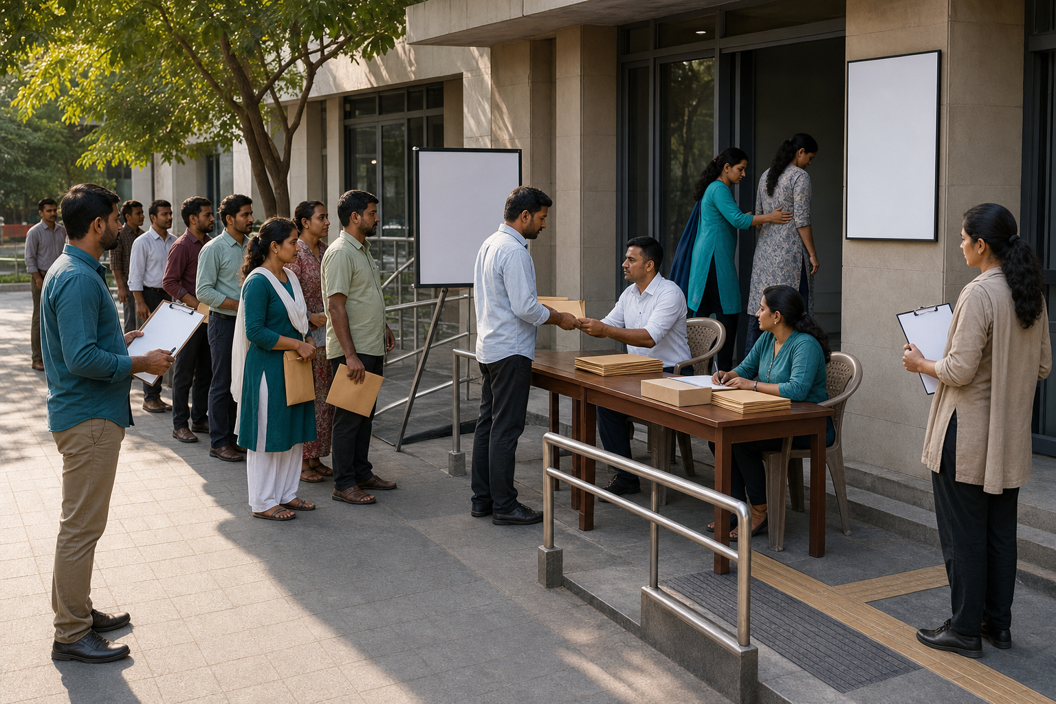 Citizens submit evidence and complaints at an orderly public-service intake desk while a volunteer assists a visitor.
