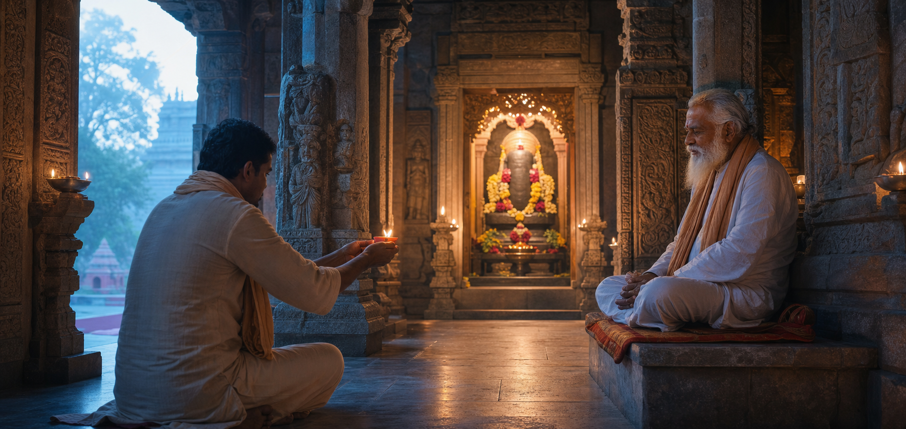 A worshipper offers an oil lamp near a seated spiritual teacher while a flower-decorated deity shrine glows in the background of a Hindu temple.