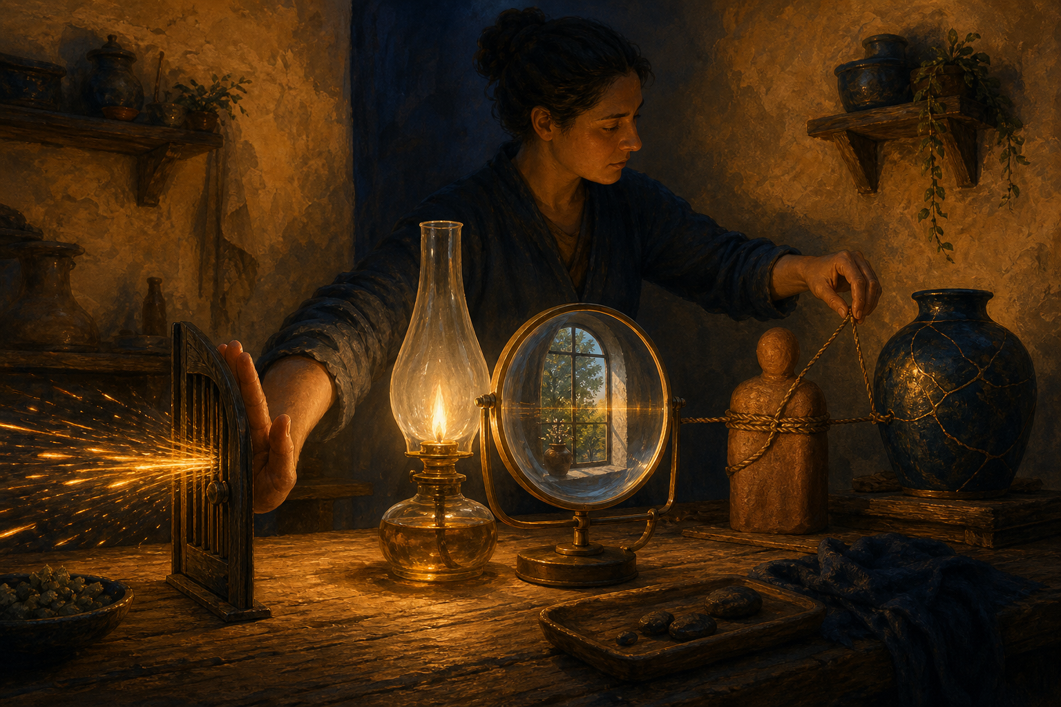 A practitioner closes a small gate against sparks, lights a lamp beside a distorting lens, and unties a cord linking an object to a clay figure.
