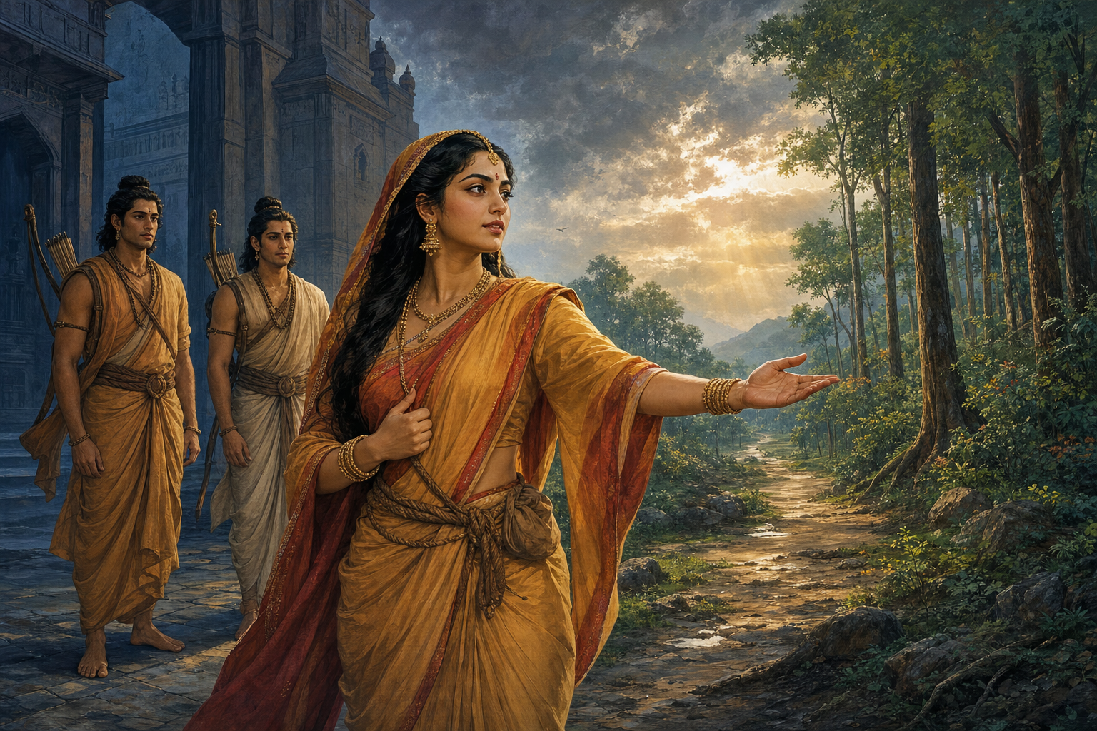 Sita stands between a palace gate and a forest path, speaking with an open hand while two companions listen behind her.