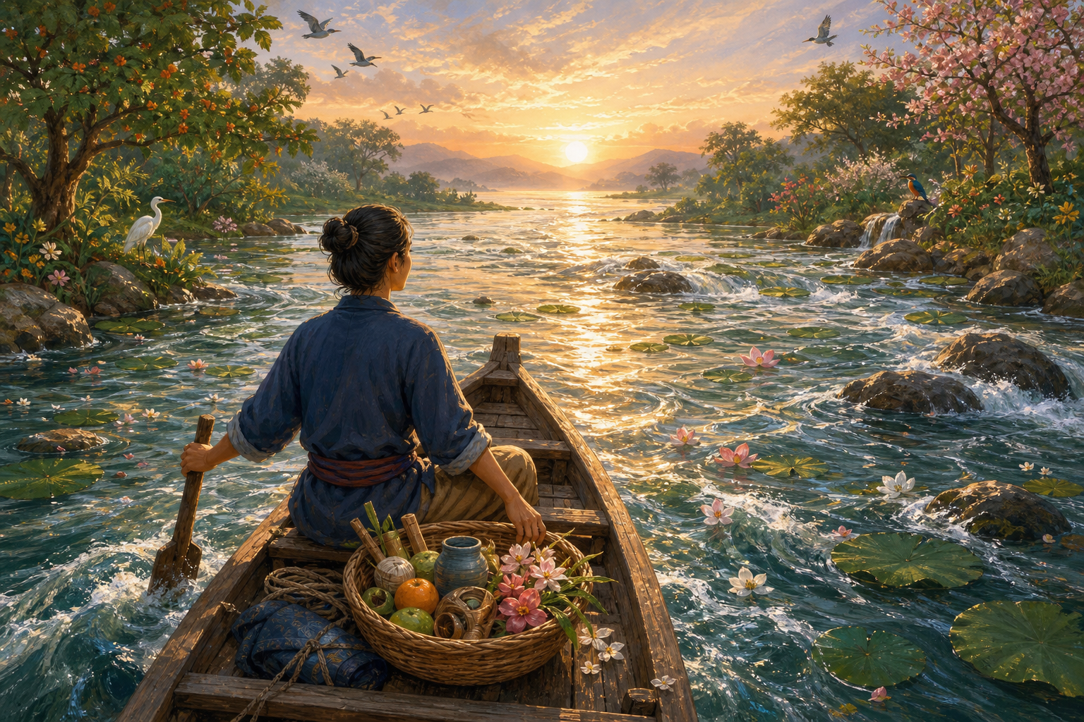 A calm traveler uses a rudder to guide a wooden boat through a full river carrying leaves and blossoms toward an open sunrise horizon.