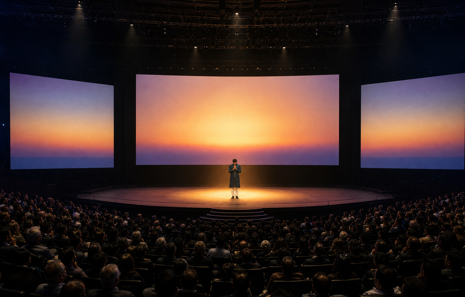 An Indian presenter stands with joined palms under a warm spotlight while a large convention audience sits quietly in the darkened auditorium.
