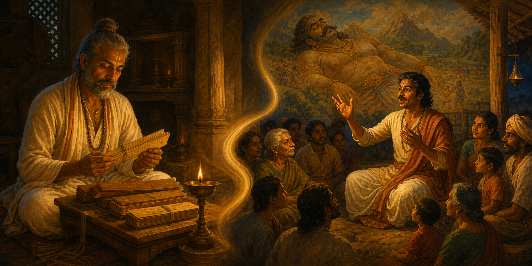 A manuscript reciter studies palm-leaf bundles while a village storyteller narrates to families in a neighboring scene.