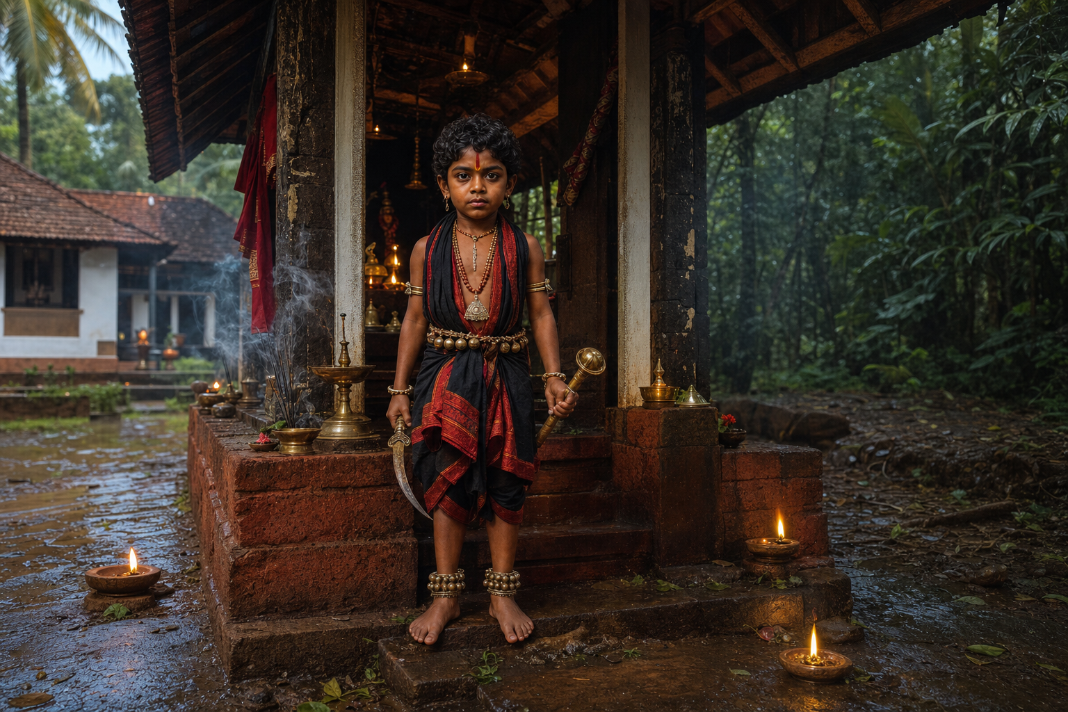 Kuttichathan depicted as a vigilant local guardian at a lamp-lit shrine beside a sacred grove in Kerala.