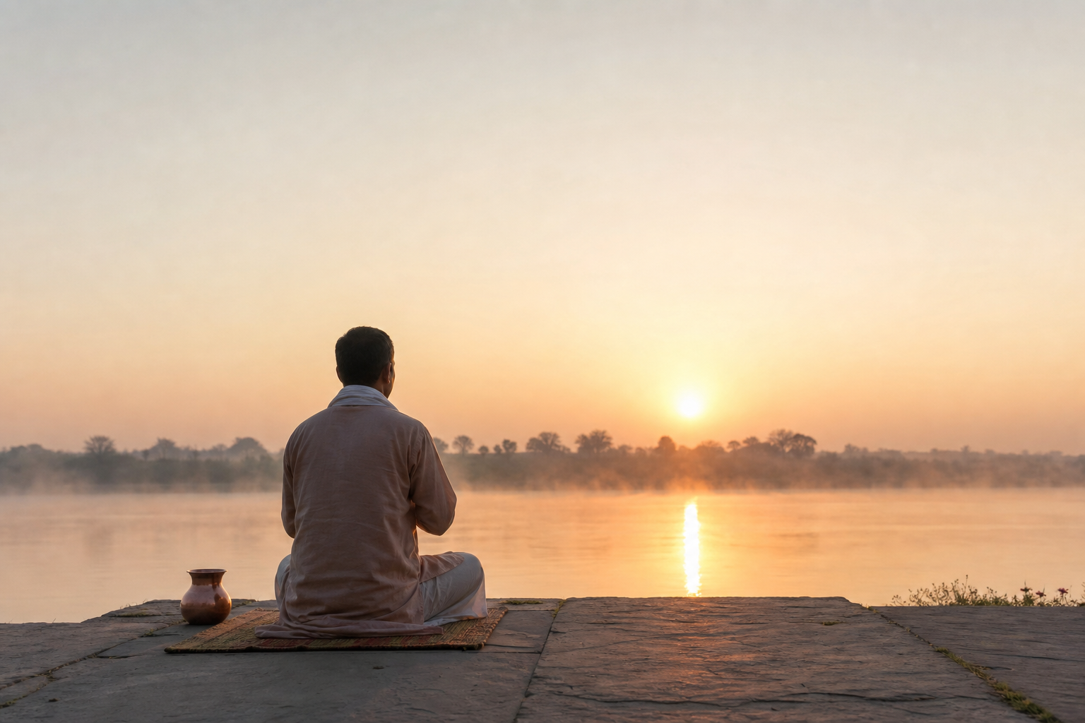 An Indian practitioner sits beside calm water at sunrise with a copper vessel nearby, facing the sun in quiet contemplation.