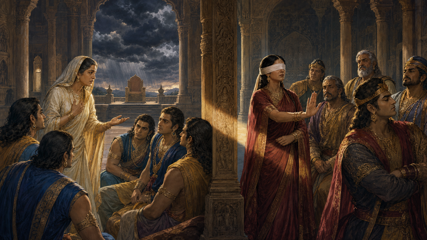 Kunti advises a group of princes while blindfolded Gandhari warns royal figures on the opposite side of a stone council hall.