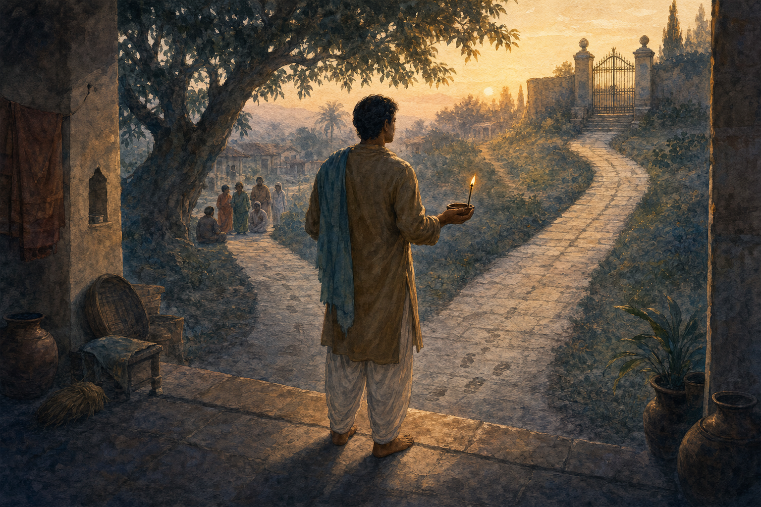 A person holding a taper and an unlit clay lamp pauses at a courtyard threshold where two stone paths diverge at sunrise.