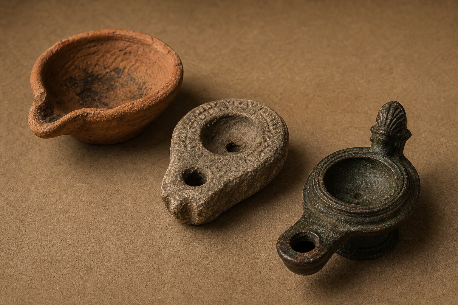 Terracotta, stone, and metal oil lamps of different forms are displayed on a neutral surface with visible wear and patina.