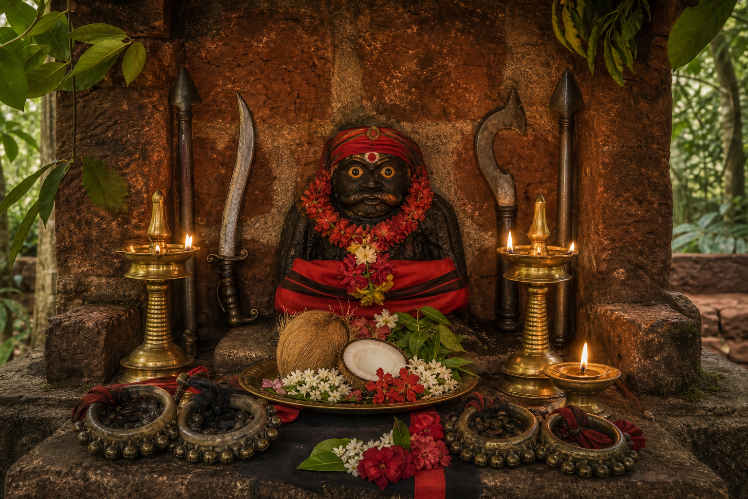 A lamp-lit Kerala shrine containing a compact guardian figure, traditional weapons, red and black cloth, anklets, coconuts, flowers, and sacred-grove foliage.