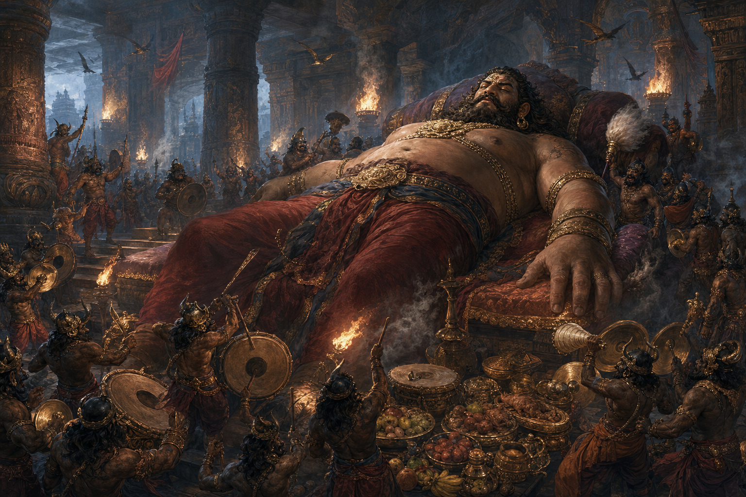 Kumbhakarna begins to awaken in a vast chamber while attendants sound instruments and carry incense and food.
