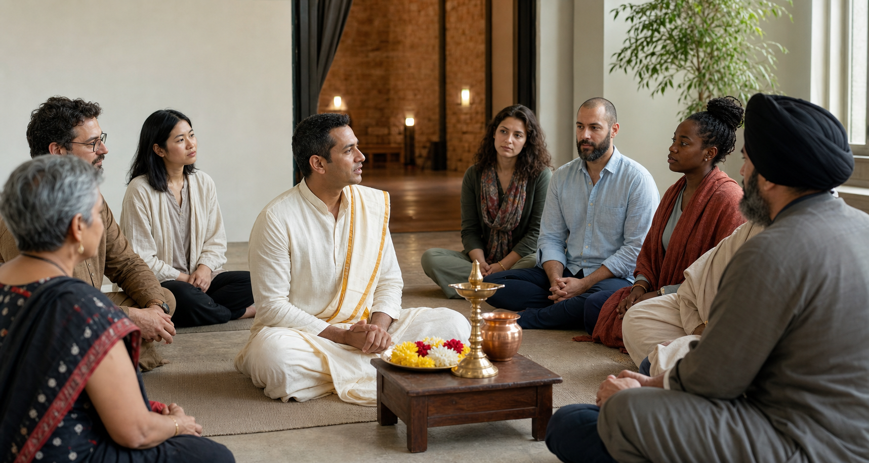 A Hindu practitioner sits beside a brass lamp, copper vessel, and flowers while a diverse semicircle of adults listens in a quiet meeting room.