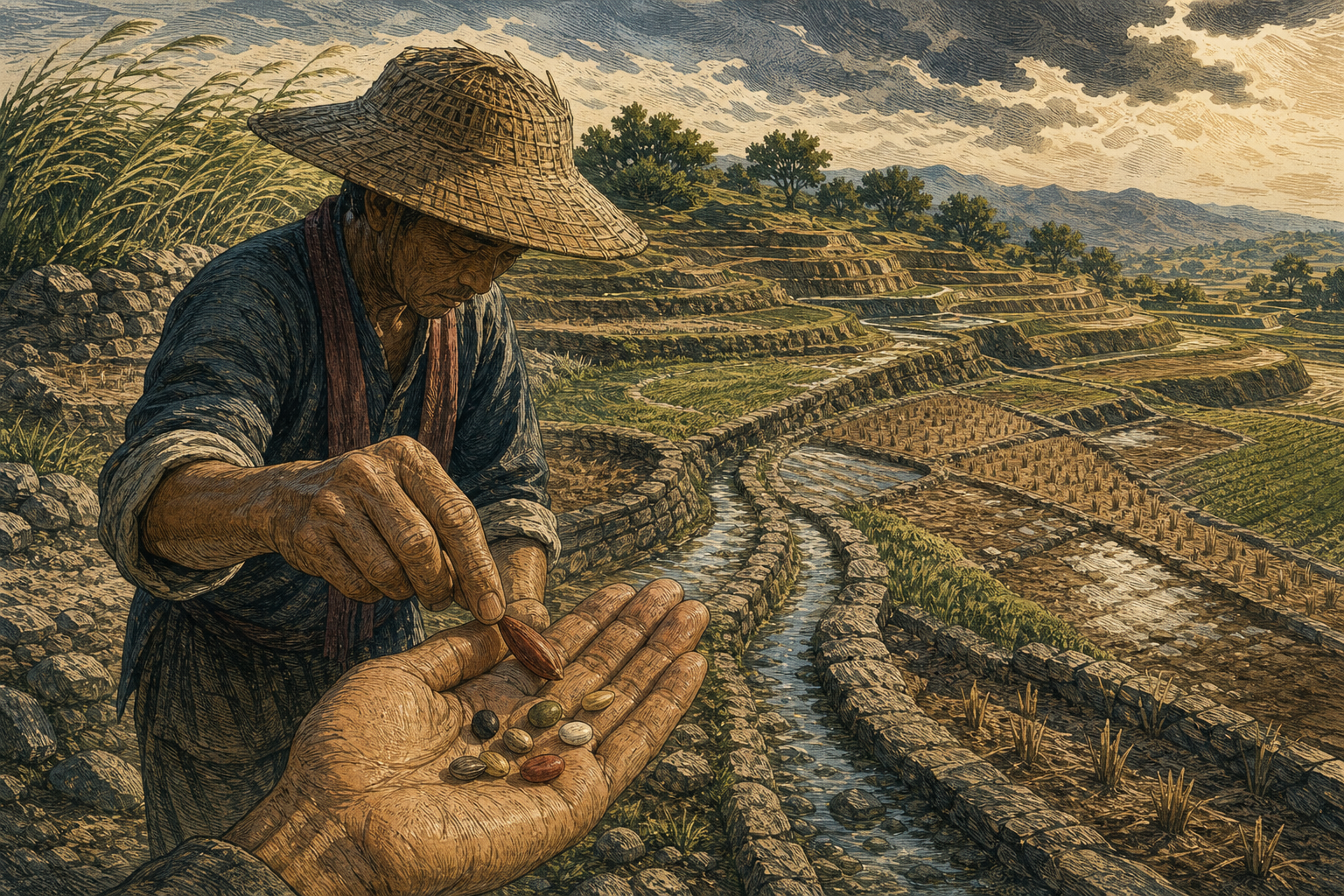 A farmer chooses a seed to plant in a terraced field marked by old channels, stones, dry patches, and previous crops.