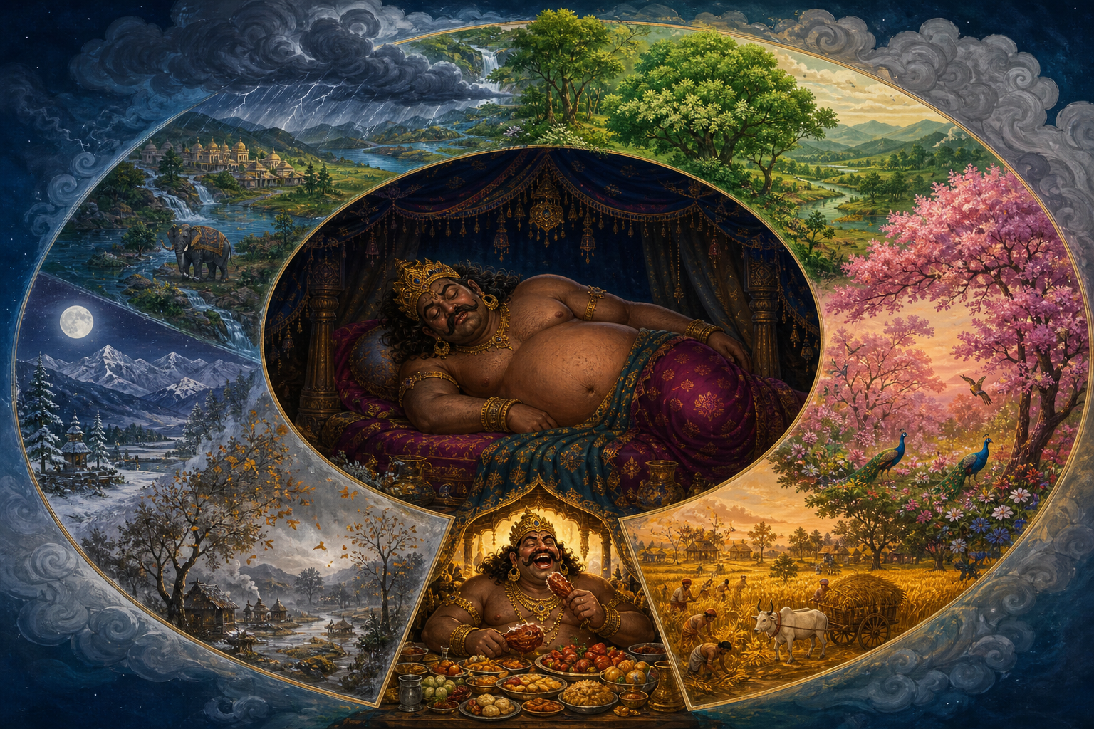 A sleeping Kumbhakarna is surrounded by changing seasonal landscapes, with one opening showing him awake beside a feast.