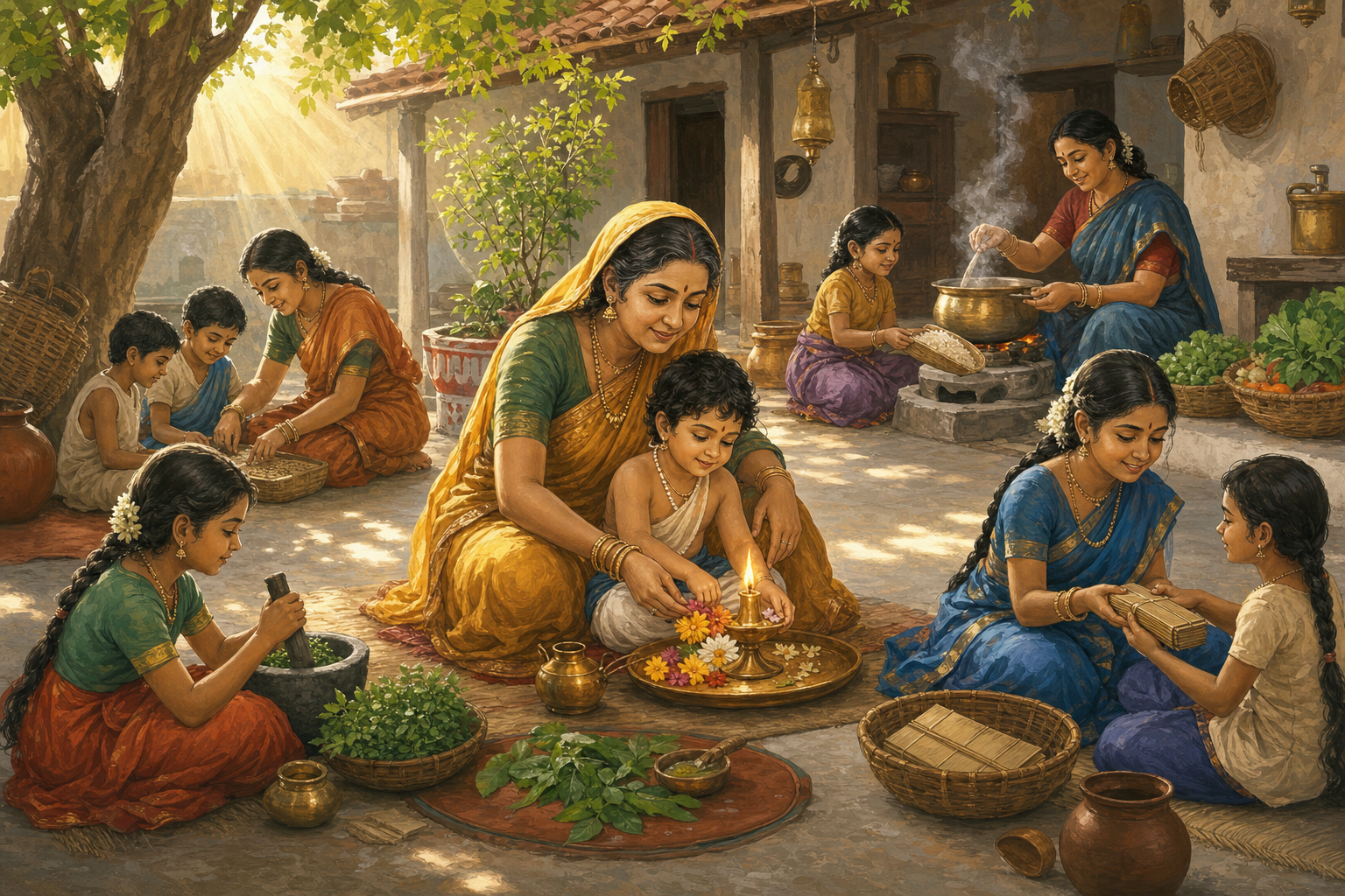 Women and children gather in a sunlit courtyard to learn household skills, prepare a shared meal, tend plants, preserve a palm-leaf bundle, and make a flower offering.