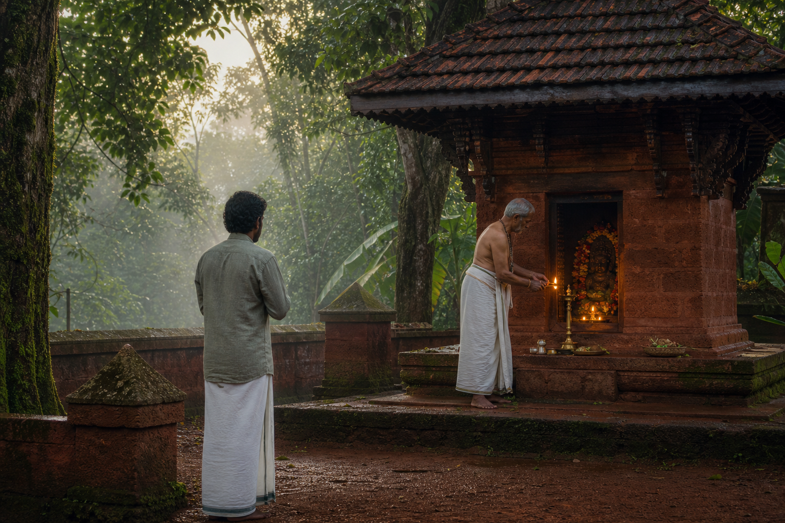 A devotee and ritual custodian stand respectfully before a small oil-lamp-lit Kuttichathan shrine beside a Kerala sacred grove at dawn.