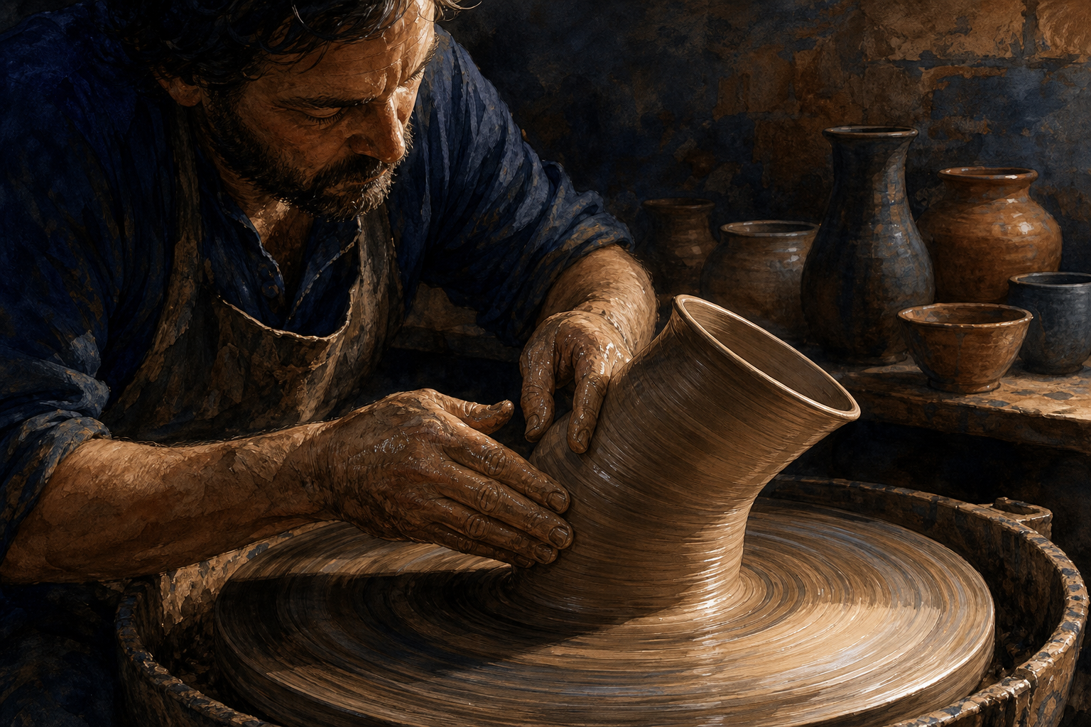 A potter carefully steadies leaning clay on a rapidly spinning wheel in a sunlit workshop.