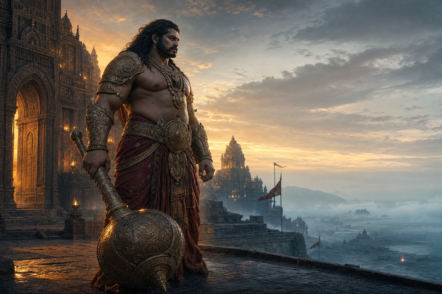 Kumbhakarna stands outside the gates of Lanka at dawn with a lowered mace and a solemn expression.