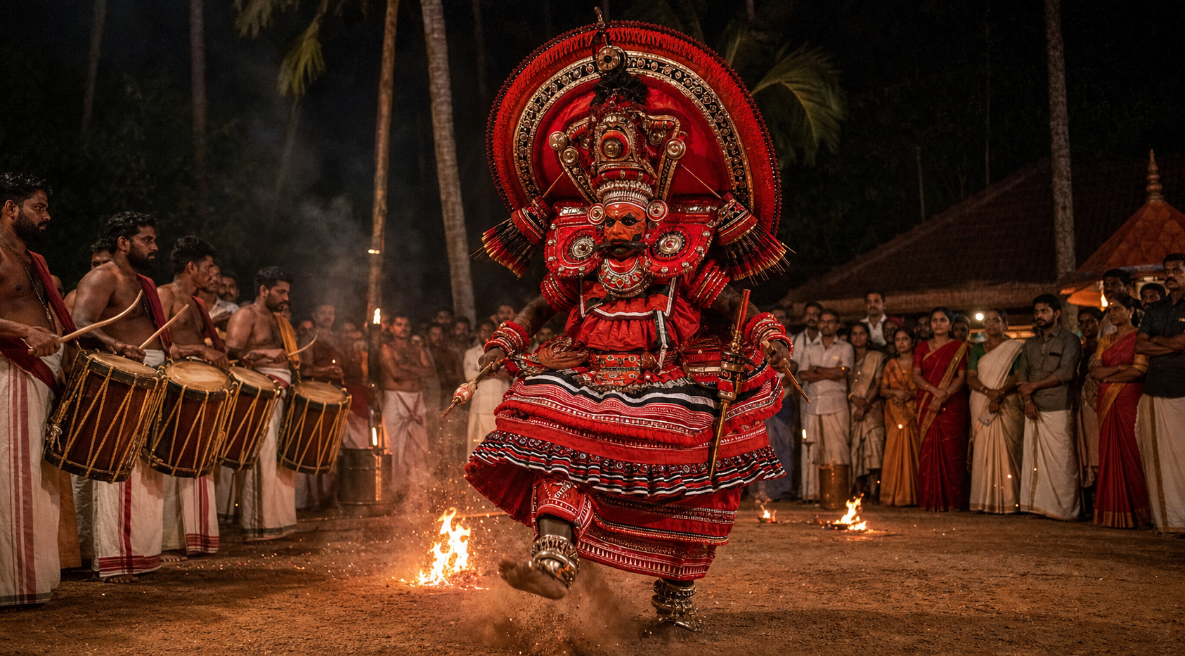 A costumed Kuttichathan Theyyam performer moves in a firelit Kerala shrine courtyard as drummers play and the community watches.
