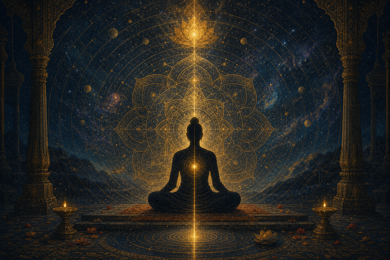 A seated practitioner is surrounded by concentric lotus forms and cosmic light radiating from a bright point at the heart.
