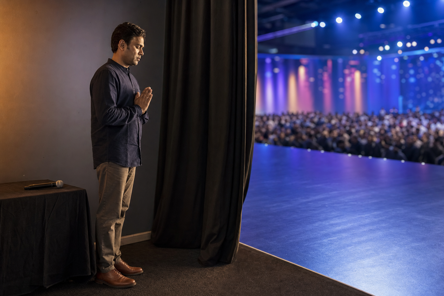 An Indian presenter pauses with joined hands beside a microphone in the quiet shadows just before walking onto a brightly lit convention stage.
