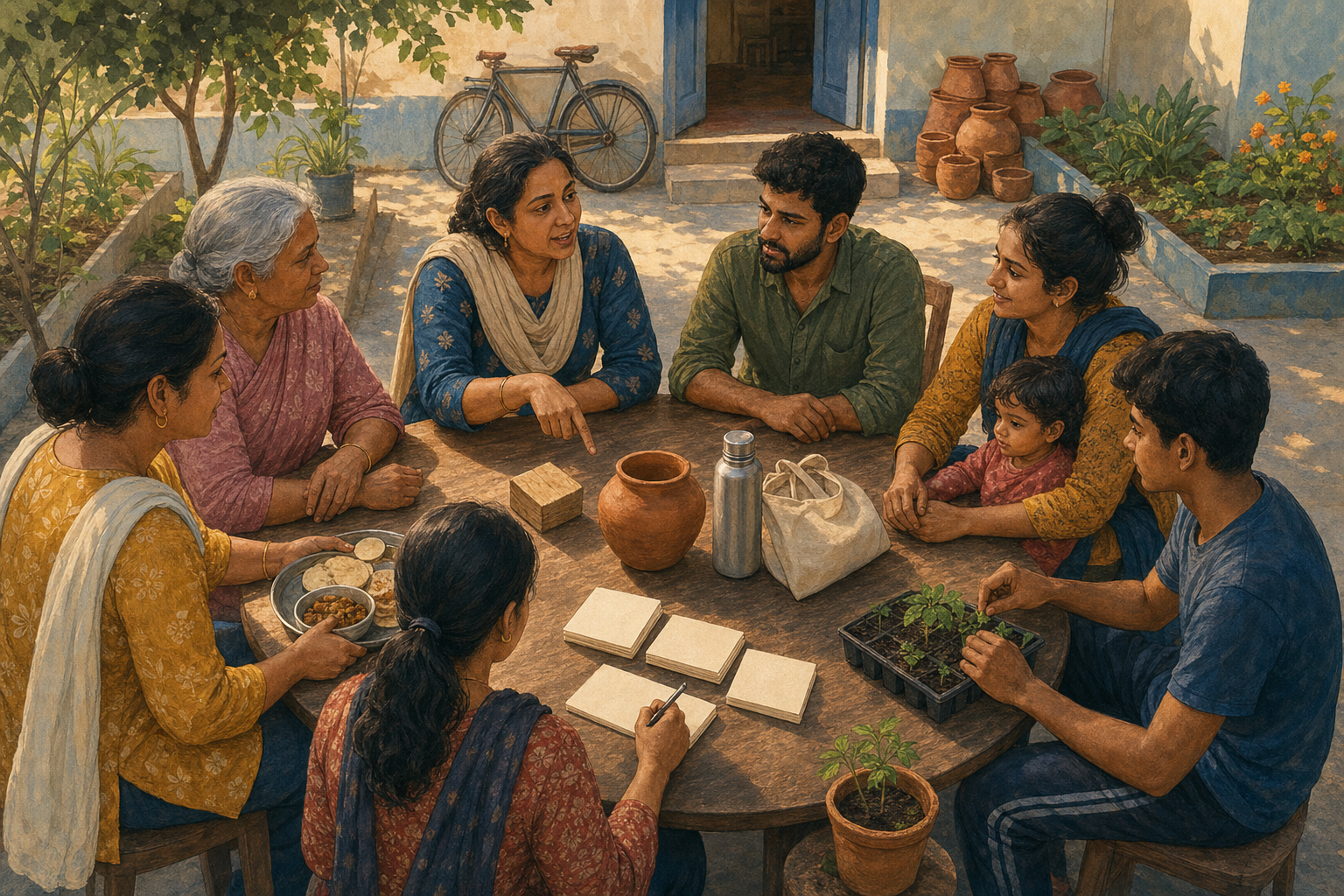 A woman leads a multigenerational courtyard discussion while participants share food, care for a child, record decisions on blank cards, and tend garden seedlings.