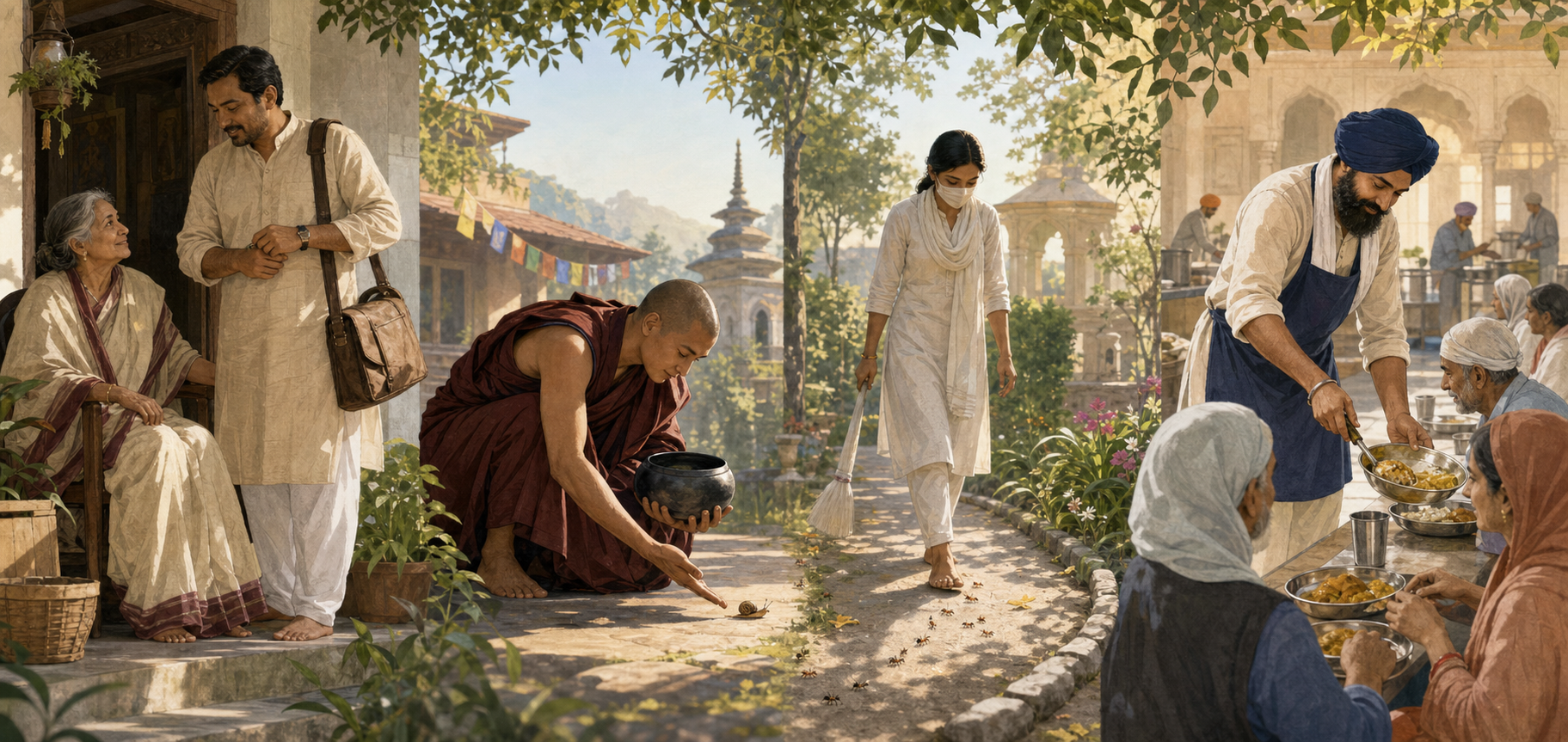 Four connected scenes show a householder caring for an elder, a monastic pausing near a small creature, a person avoiding insects on a path, and a volunteer serving a communal meal.