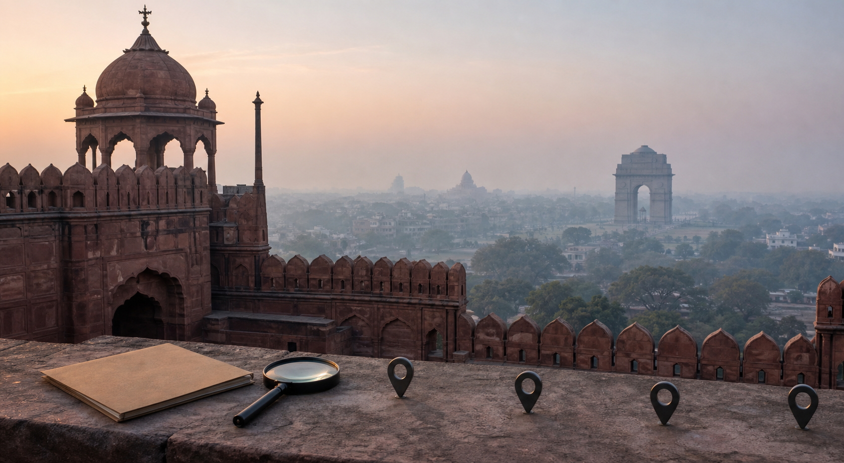 Editorial illustration of a historic red sandstone fort and a distant stone memorial arch in Delhi, with a folder, magnifying glass, and unconnected location markers in the foreground.