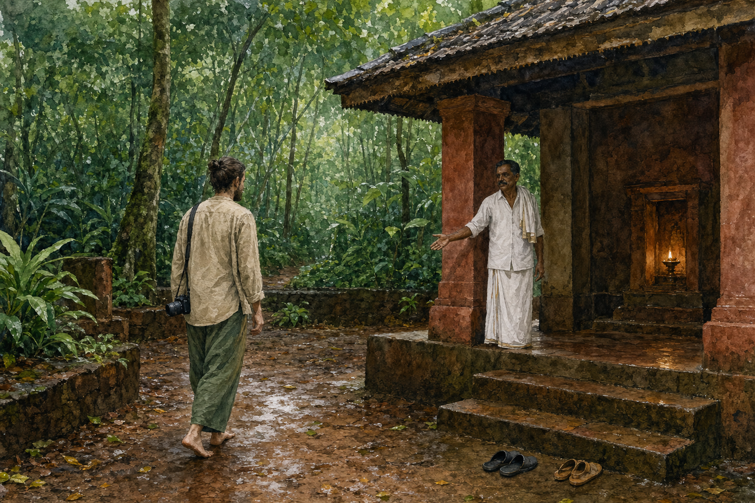 A visitor with a lowered camera listens to a ritual custodian before approaching a small shrine at the edge of a Kerala sacred grove.