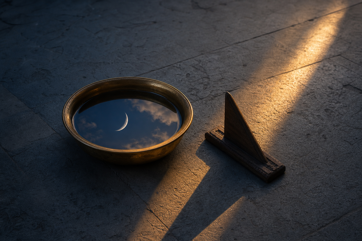 A crescent moon is reflected in a brass water bowl beside a wooden gnomon as sunrise crosses a stone floor.