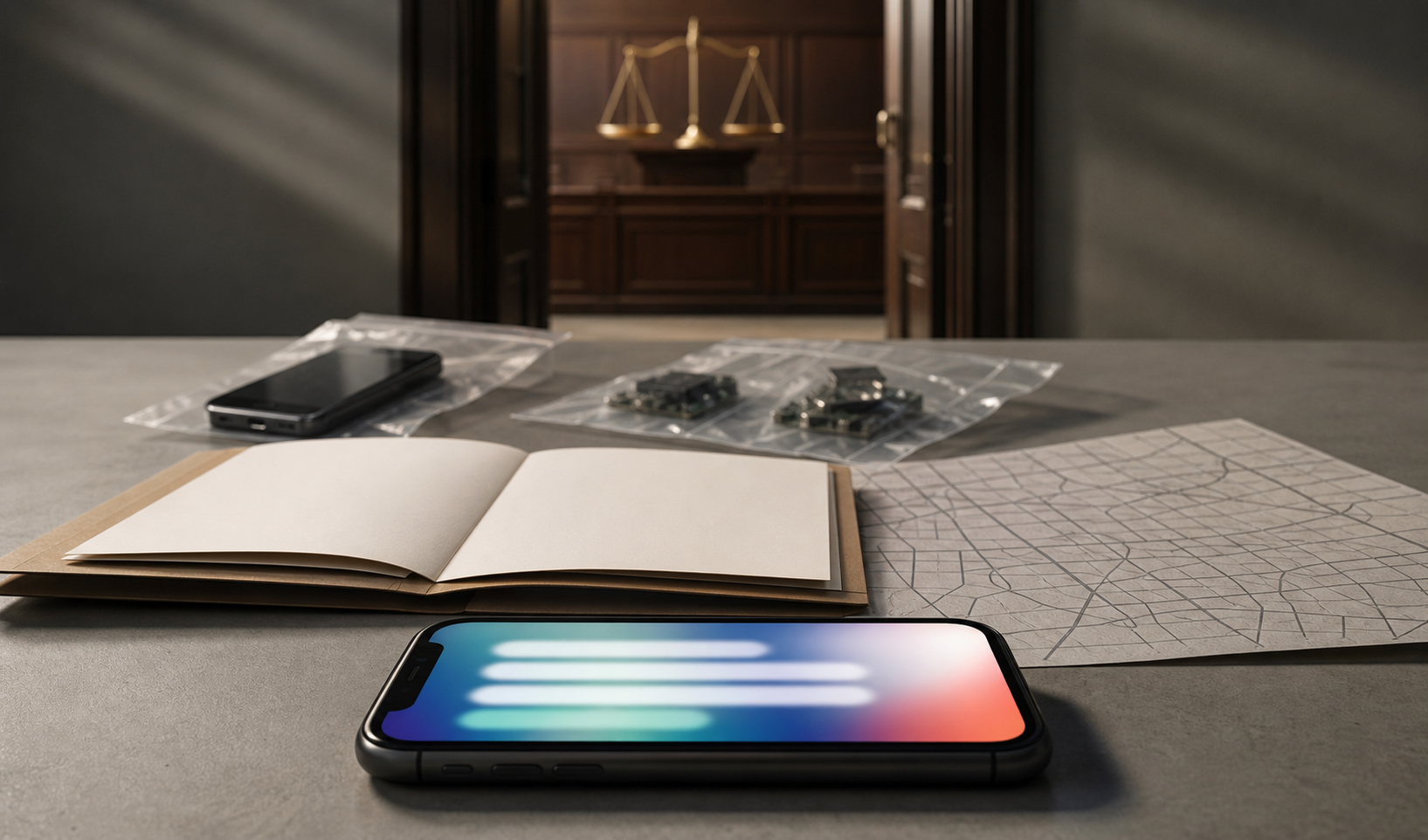 Four investigative layers represented by a phone, a blank case folder and map, sealed evidence pouches, and an empty courtroom with scales.