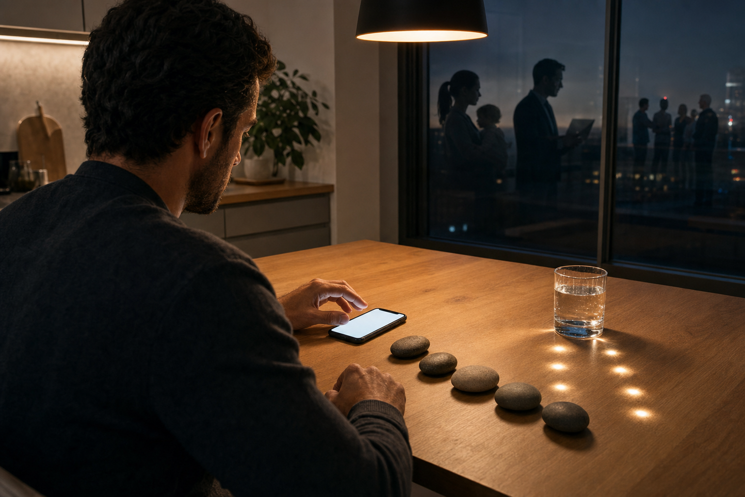 A person pauses over a phone at a kitchen table beside six river stones, while silhouettes of other people appear in the window reflection.