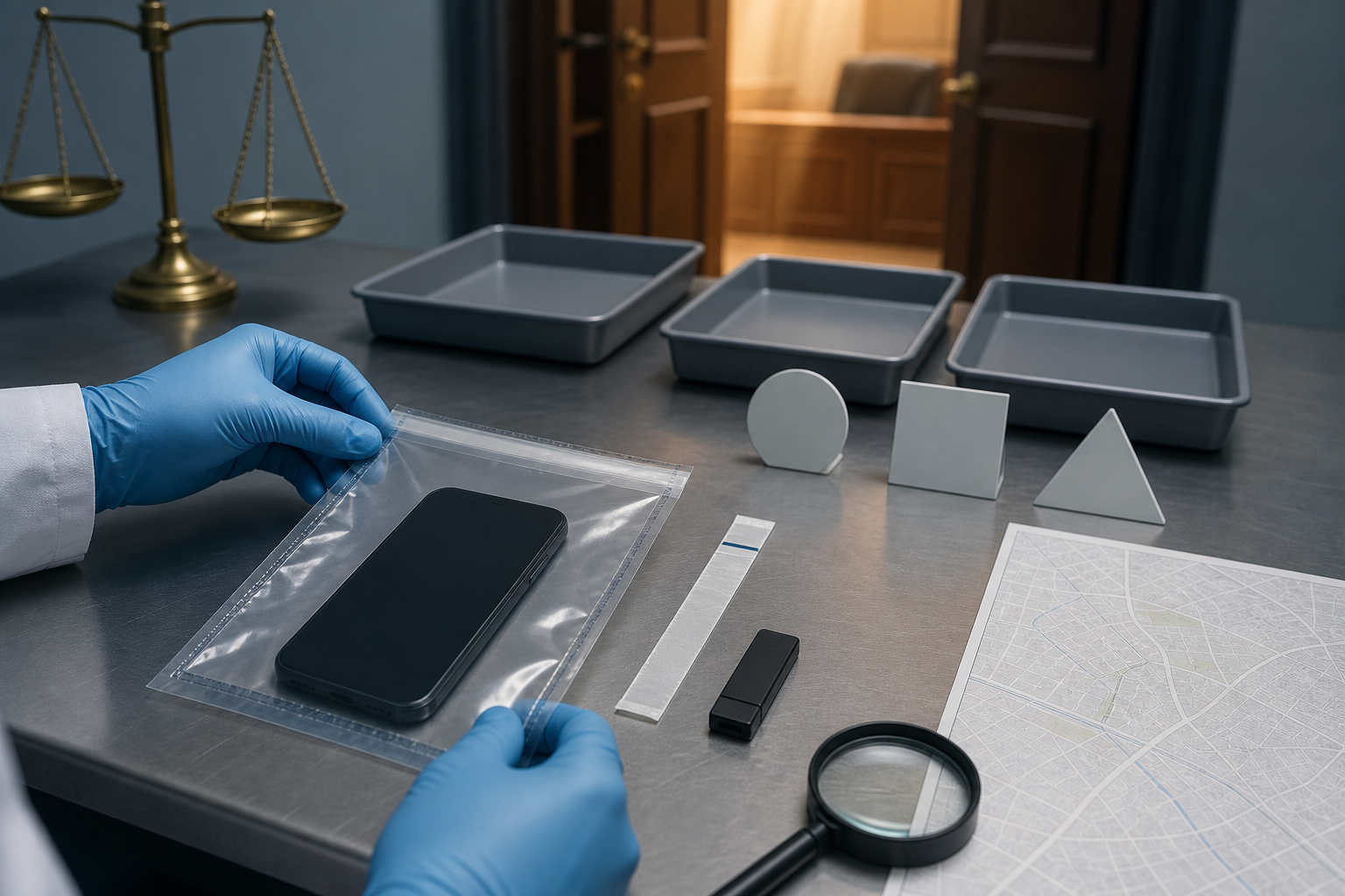 Gloved hands process a sealed phone evidence pouch beside a storage device, an unlabeled map, and justice scales near a courtroom door.