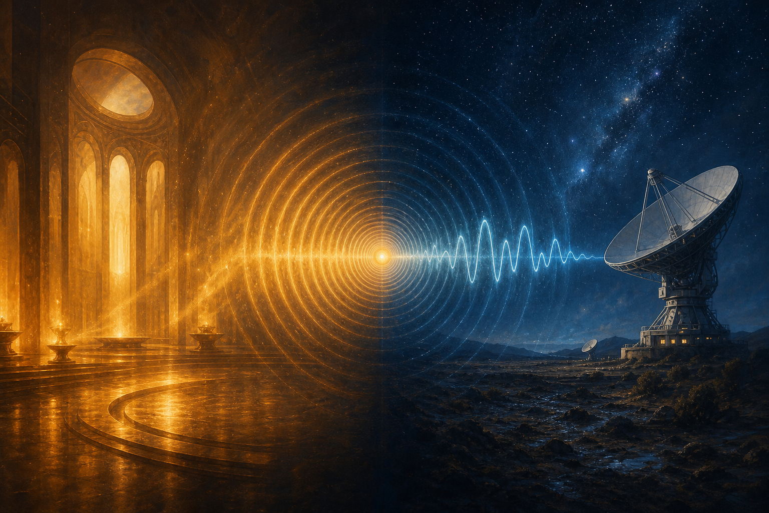 A glowing wave divides between a warm sacred interior and a cool radio observatory landscape.
