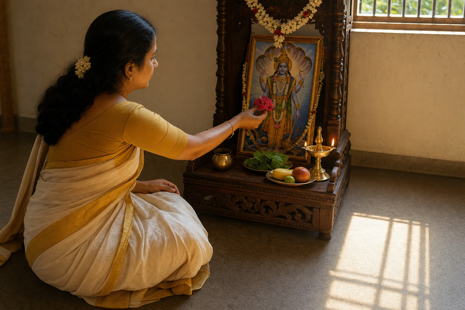 A devotee offers a flower at a modest Vishnu altar while a rectangle of sunlight falls across the nearby floor.