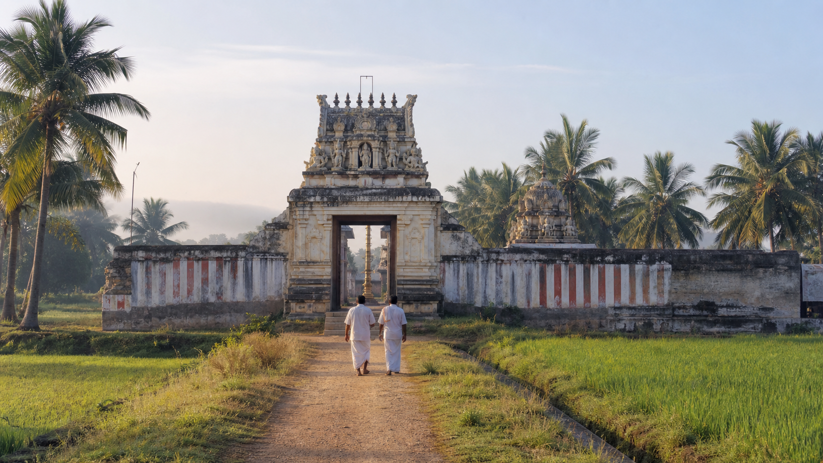 Pilgrims approach a traditional South Indian Vaishnava temple surrounded by palms and green fields in the Thirunangur countryside.