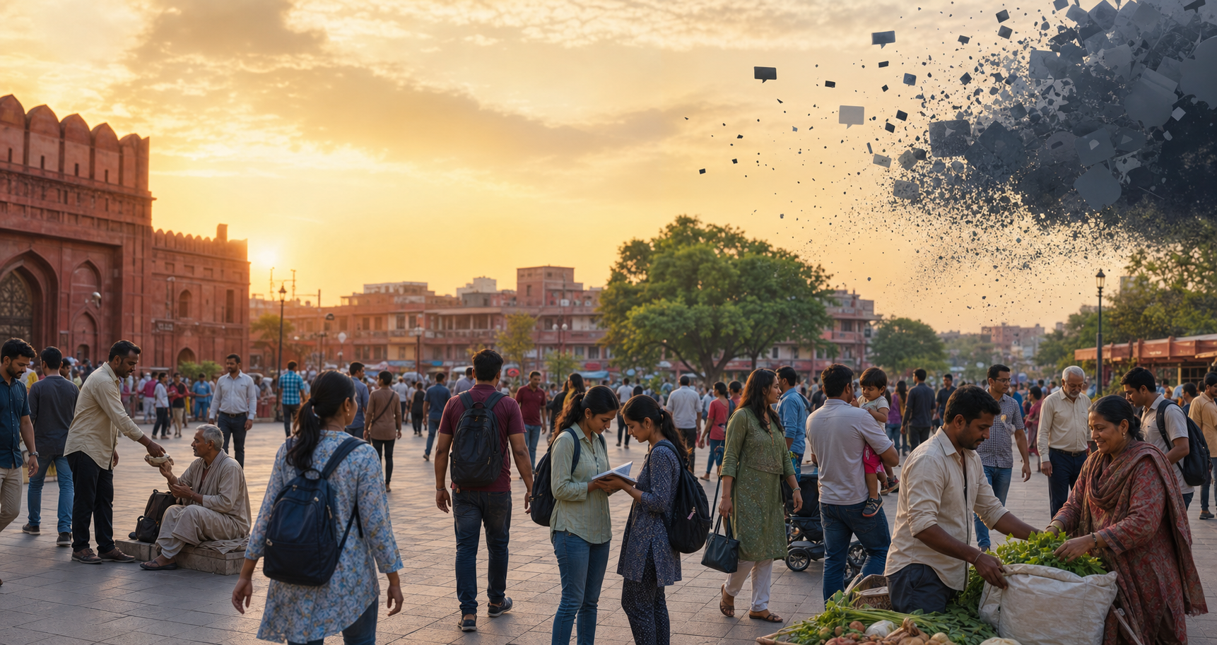 A diverse group of Delhi residents shares a public square as a dark cloud of fragmented phone-notification shapes dissolves above them.