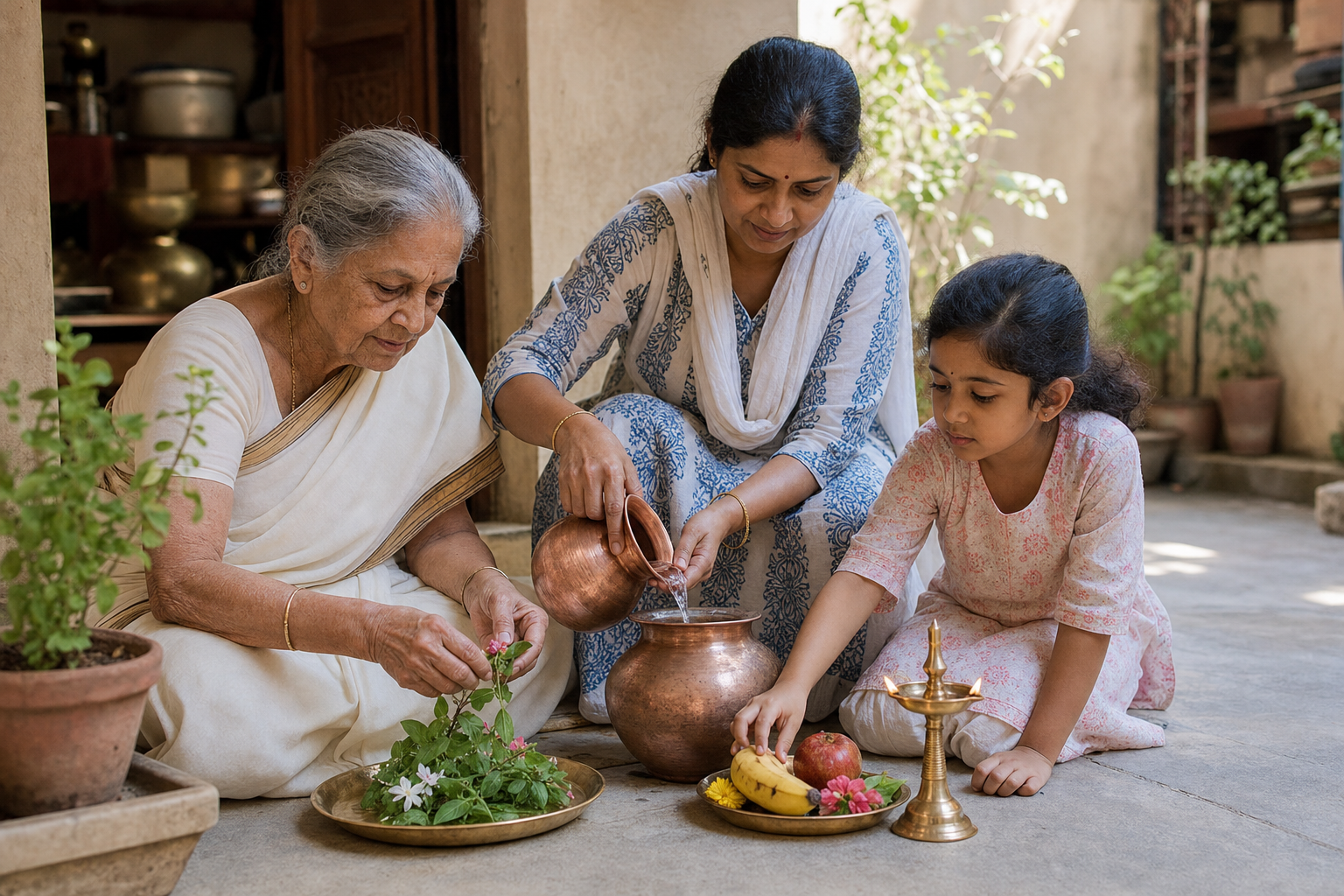 Three generations prepare flowers, tulsi, fruit, a brass lamp, and a copper water vessel for a household observance.