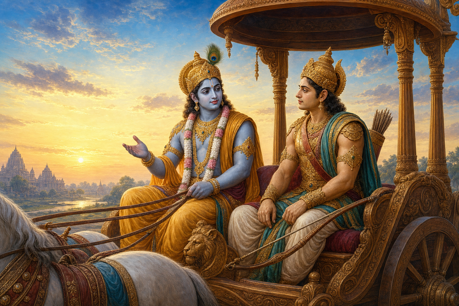 Devotional illustration of Krishna guiding a reflective Arjuna as they sit together in an ancient chariot at dawn.