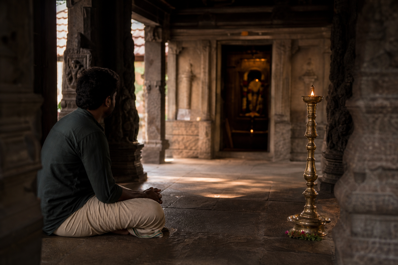 A pilgrim sits in quiet reflection among stone pillars and oil lamps inside a Tamil Vaishnava temple mandapa.