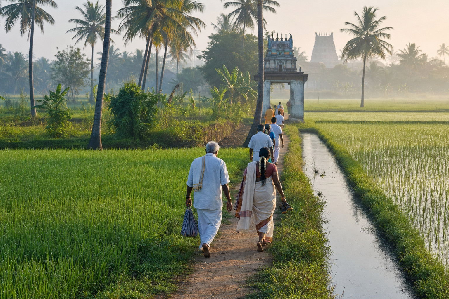 Pilgrims walk through rice fields and coconut palms toward a temple in the rural Thirunangur landscape.