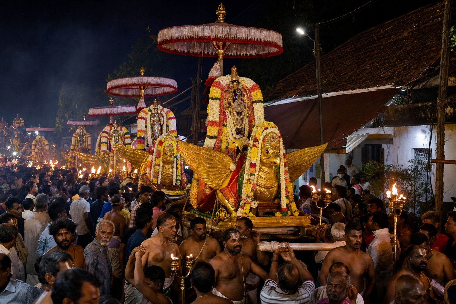 Garuda Sevai procession with decorated Vishnu deities, priests, ceremonial lamps and gathered devotees at night.
