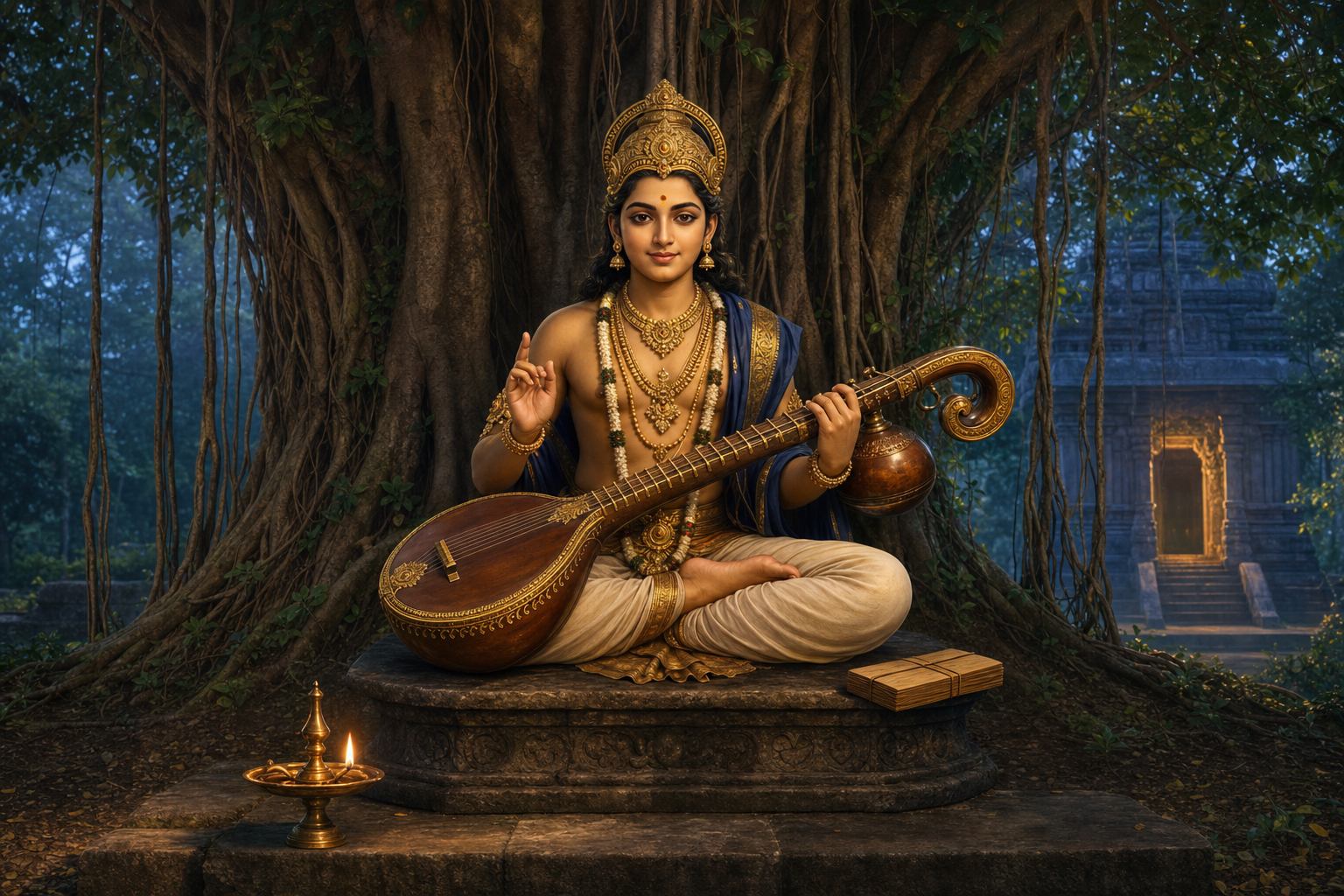 Jnana Shasta sits beneath a banyan tree with a veena across the lap, a palm-leaf manuscript nearby, and a brass oil lamp glowing in front.