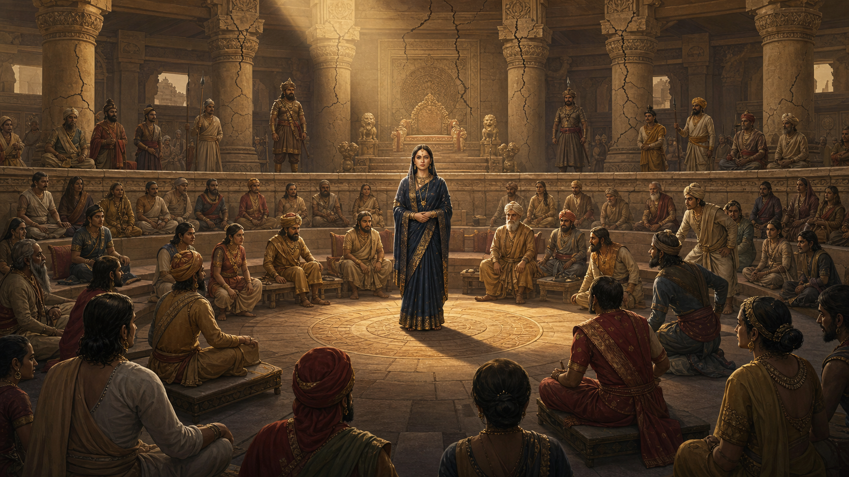 A resolute woman stands in a beam of light before an ancient royal court as witnesses react and cracks spread beneath the distant throne.